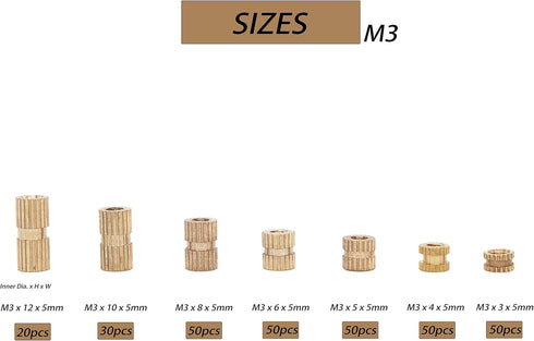 binifiMux 300pcs M3 Knurled Threaded Inserts, Brass Female Press in Embedment Heat Set Nuts Assortment Kit