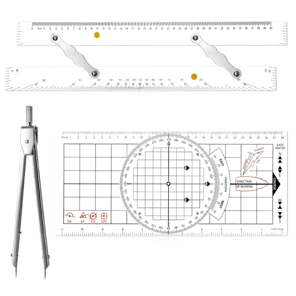 Xosjska 3 Pcs Basic Navigation Set, Include 16 Inch Parallel Ruler with Brass