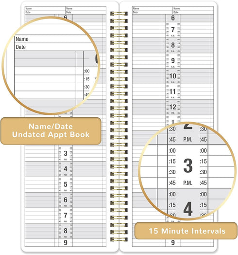 Undated Salon Appointment Book - Daily & Hourly Schedule, 15 Minute Intervals, 4.5'' x 11.5'', 200 Pages, Hardcover SPA