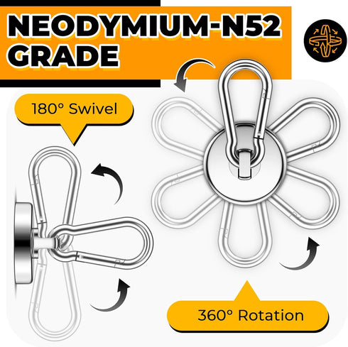 VNDUEEY 10 Pack Strong Magnetic Hooks, 100Lbs Neodymium Grade-52, Heavy Duty with Swivel Carabiner Hook for Home and