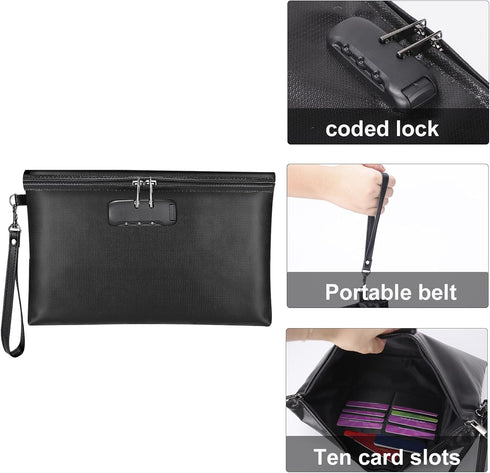 ZOOPIP Fireproof Money Bag with Lock, 11.2"x7.6" Fireproof Cash Bag with Zipper Closure for A5 Size Document (Black)