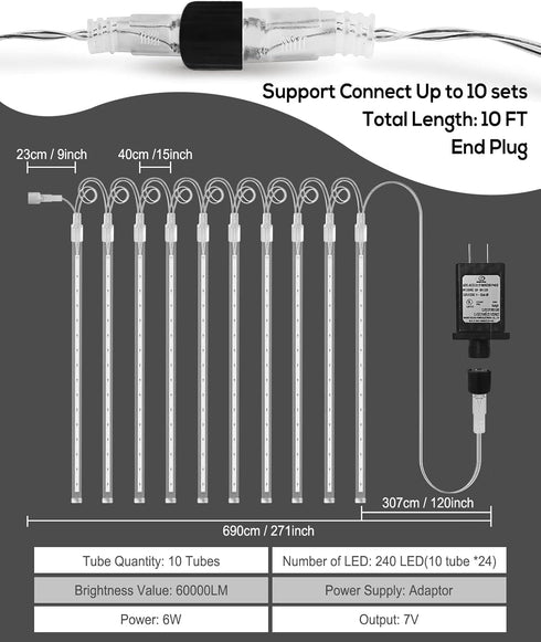 Christmas Lights Outdoor UL Certified, Meteor Shower Lights 12 Inch, 10 Tubes LED Falling Rain Drop Lights, Icicle Snow