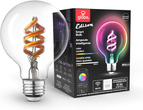 Globe Electric 35851 Wi-Fi Smart 7 W (60 W Equivalent) Spiral Filament Multicolor Changing RGB Tunable White Clear LED Light Bulb, No Hub Required, Voice Activated, 2000K - 5000K, Vintage Edison by Globe Electric