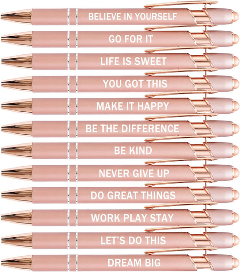 PASISIBICK 12 Pieces Rose Gold Motivational Quotes Snarky Screen Touch Stylus Ballpoint Pens, Black Ink (Rose Gold)