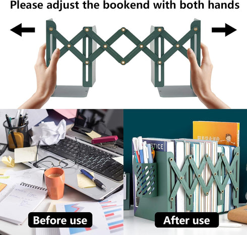 YIRUIDD Adjustable Bookends for Shelves, Metal Bookends for Heavy Books, Book Stopper Organzier with Pen Holder
