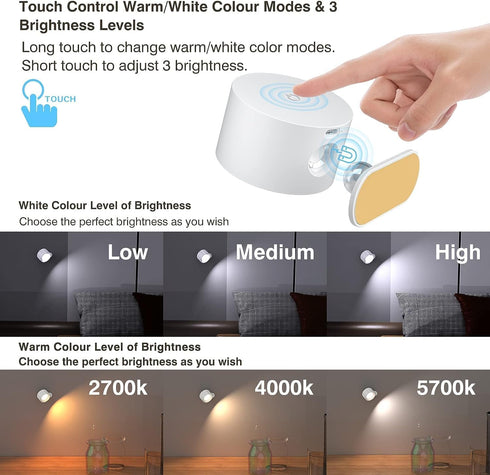 Deyagoo 3 3 360Rotate LED Wall Sconce, Wall Mounted Lamp with Rechargeable Battery Operated Color Temperature