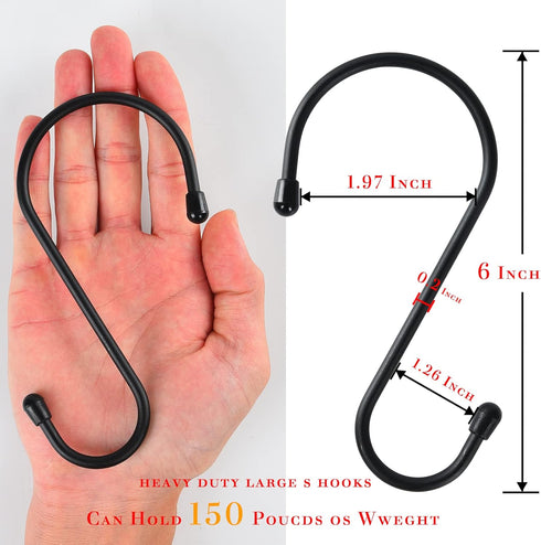 12 Pack Heavy Duty 6 Inch S Hooks with Rubber Stopper for Hanging Plants, Birdhouse, Pan, Cups, Bags, Jewelry