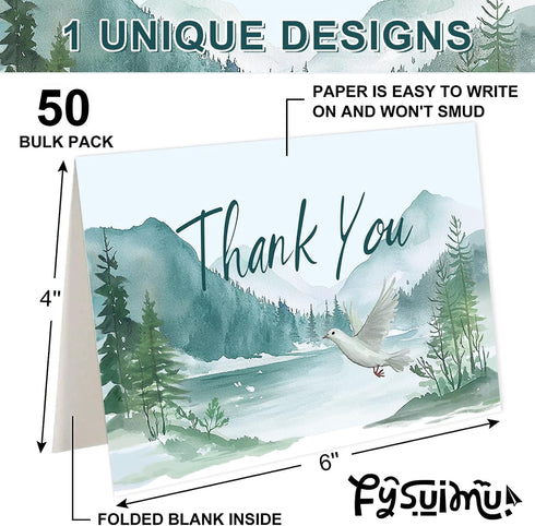 50Pcs FYSUIMU Funeral Thank You Cards Watercolor Mountain Sympathy Cards with Message Bereavement and Envelopes