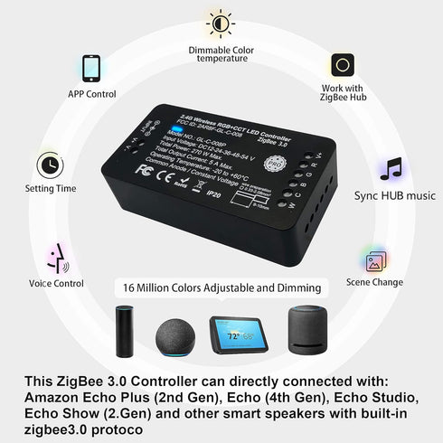 3.0 1%~100%, GIDEALED Zigbee LED Controller Pro Work with ZigBee Hub Bridge Echo Plus for RGBW RGBWW RGBCCT LED Light