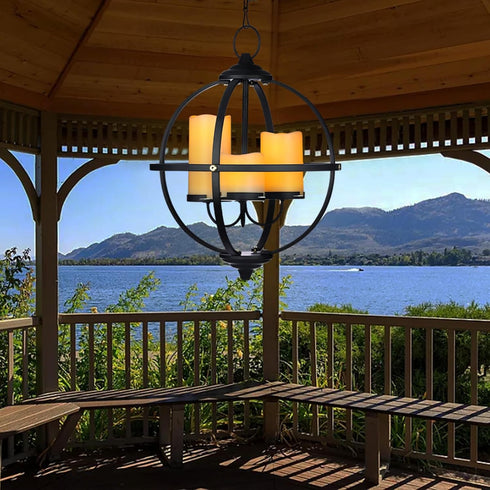 SUNNYPARK 3 12.6" Battery Operated Outdoor Candle Chandelier - Black Metal Globe Hanging Pendant Light with Flameless