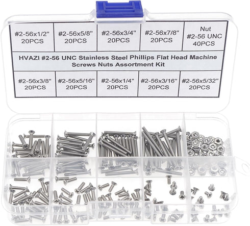 #2-56 UNC Stainless Steel Phillips Flat Head Machine Screws Nuts Assortment Kit