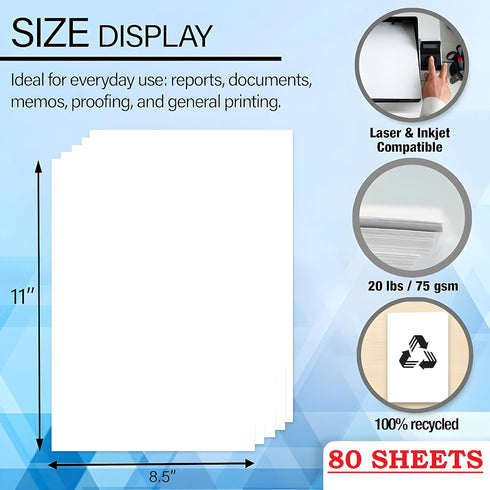 80 8.5" 11" 20 LB (75 Sheets x White Multipurpose Paper, gsm) Copy, Fax & Laser Compatible Everyday Office, School