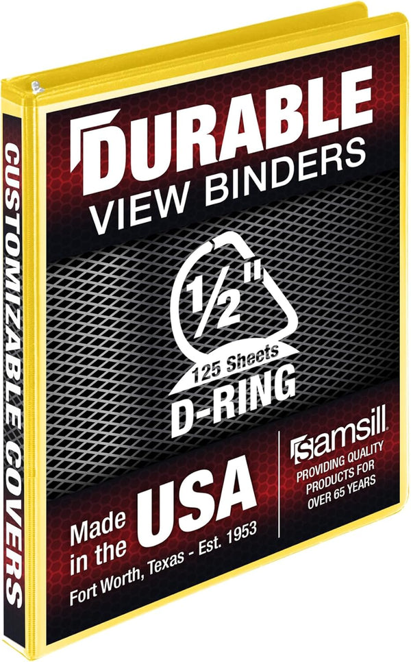 Samsill Durable 0.5 Inch D Ring Binder, Customizable Clear View Binder, Yellow, Made in the USA