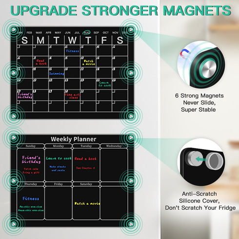 Magnetic Acrylic Monthly and Weekly Calendar for Fridge, Black Dry Erase Planning Board with 6 Colorful Markers and Pen