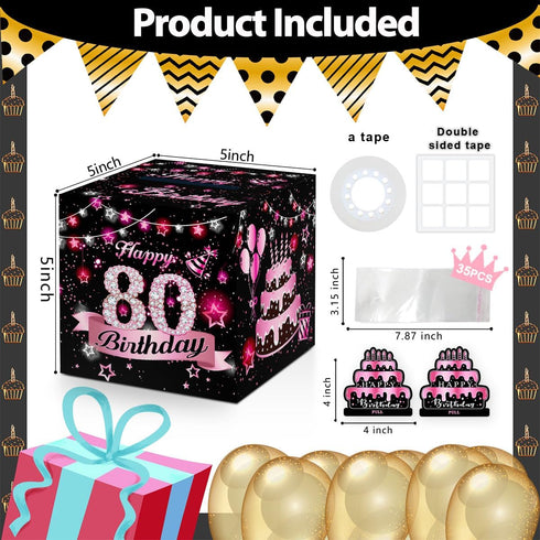 Toerifer 80th 80 Set-Included 35 Money Box for Cash Birthday Gift, Years Old Surprise Box Gift Box for Money Pull