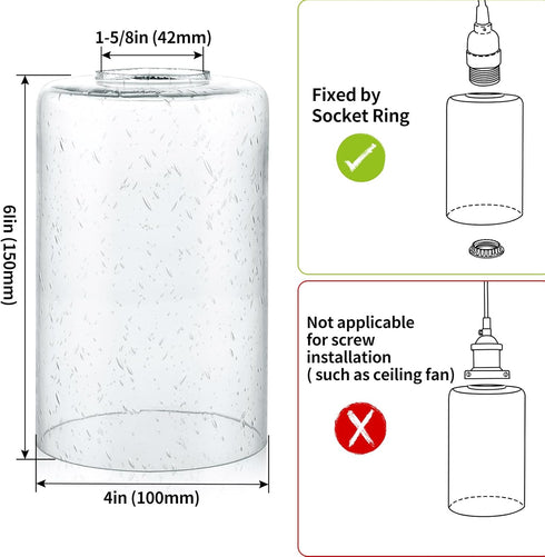 Skelang 2 Seeded Lip-less Glass Lamp Shade, Cylindrical Light Cover with Fitter Opening, Replacement for Chandelier