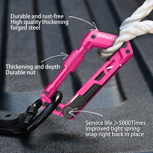 Carabiner Multitool with Pocket Knives, 8-in-1 EDC Carabiners, Pink Folding Serrated Knife, Can Bottle Opener, Rope