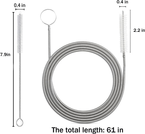 61 inch Long Drain Brush Hose, Flexible Feeding Tube Cleaning Brush and 2 PCS 7.9 inch Straw Cleaning Brush, White