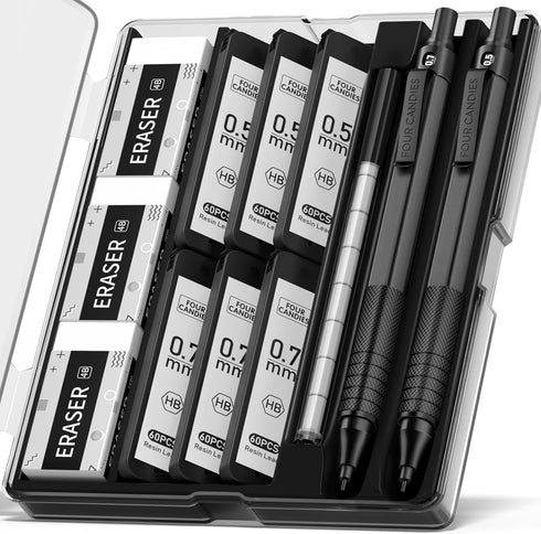 Four Candies 2PCS Metal Mechanical Pencils Set with Case, 0.5mm & 0.7mm Artist Pencil with 360PCS HB Refills