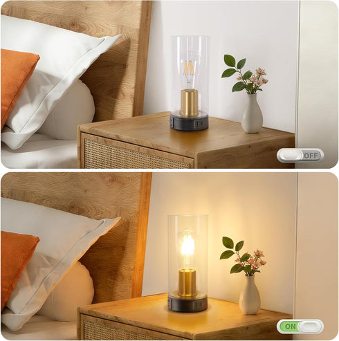 Dimming Industrial Bedside Table lamp for Bedroom -Touch Lamp with USB-A+C Charging Ports & AC Outlet. Nightstand Lamp
