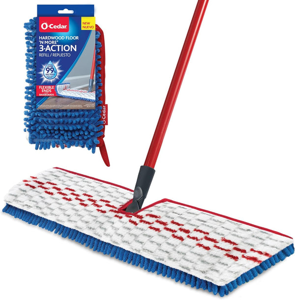 O-Cedar Hardwood Floor 'N More Mop with 1 Extra Refill, Microfiber Mop, Use Wet or Dry, Red