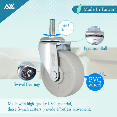 M10 3 Inch 360 (Set 4) Threaded Stem Caster Wheels, Heavy Duty Swivel Casters with Brake, Rotation, Quiet & Smooth