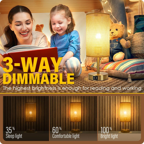 3 Dimmable Bulb Yarra-Decor Bedside Lamp with USB Port - Touch Control Table Lamp for Bedroom Wood Way Nightstand Lamp