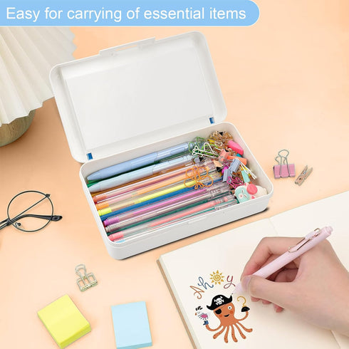 Pencil Box for Office Supplies Storage, Double Layer Large Capacity Organizer Box with Snap-tight Lid, Stackable (Pale