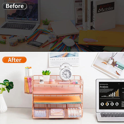 Paper Letter Tray Organizer with 4-Tier Desk Accessories, Workspace Organizers with Drawer & 2 Pen Holders