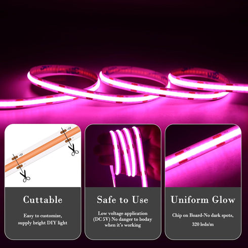 5V Dimmable (3.28FT/1M) Short Led Strip Lights Pink USB LED Lighting COB LED Strip Pink Flexible LED Tape Light Not
