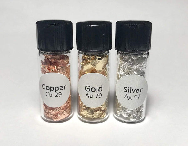 Chemistry Cabinet Gold, Silver, Copper Foil 99.99% Pure Group 11 Natural Elements Chemistry Sample