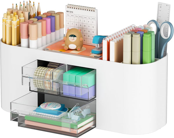 Marbrasse Desk Organizer, Beige - Pen Holder with 3 Drawers, Multi-Functional Organizer with 7 Compartments