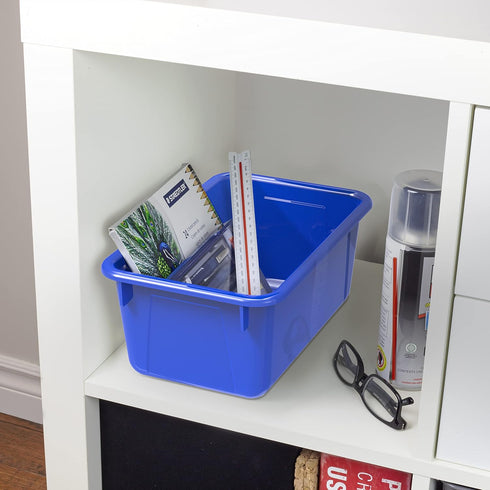 Storex Small Cubby Bins – Plastic Storage Containers for Classroom with Non-Snap Lid, 12.2 x 7.8 x 5.1 inches, Blue,