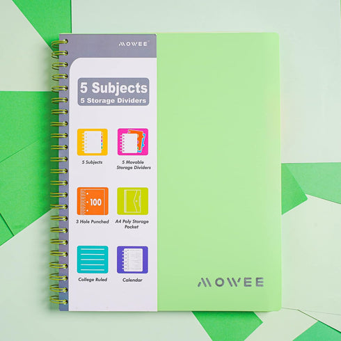 Spiral Notebook, 5 Subject College Ruled with Dividers, Pocket Tabs, Ruler, 100 Sheets, 200 Pages, 8.5''x11'' Lime