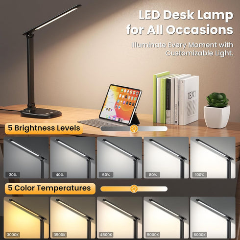 10%-100% Dimmable 5 30-/60-minute CRI90, Desk Lamp with Charger, Stepless & Color Modes Study Lamp, Touch Control