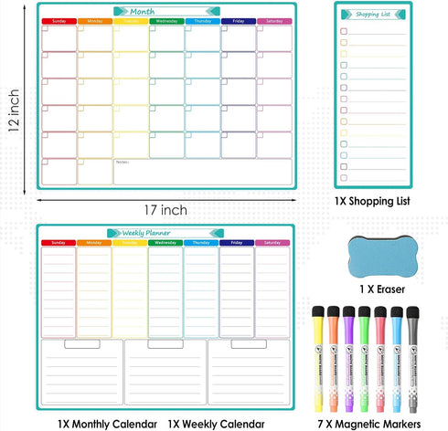 MaxGear 17" x 12" Magnetic Fridge Calendar, Monthly Dry Erase Whiteboard & Weekly Board with 7 Markers