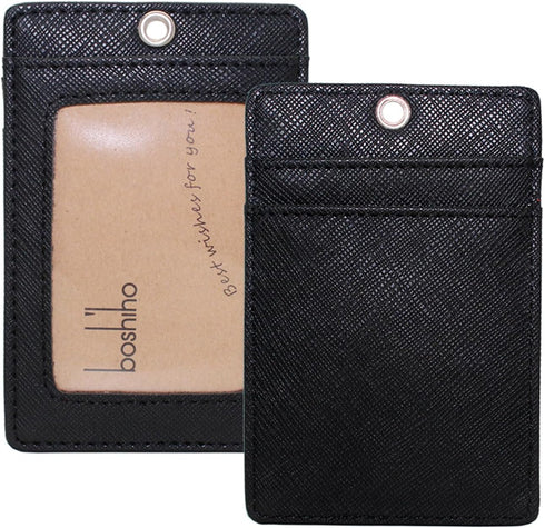 Boshiho Vertical Style Leather ID Card Badge Holder with Heavy Duty Lanyard (Black 2)