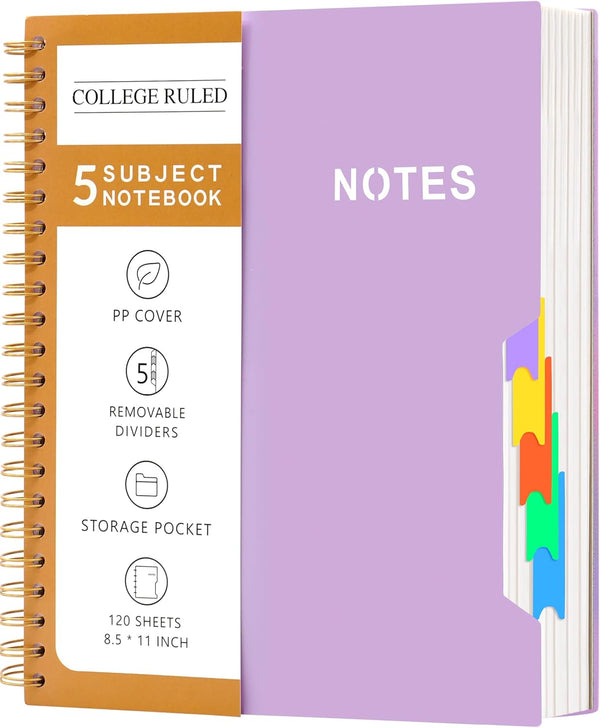 CAGIE 5 Subject Notebook, College Ruled 8.5'' x 11'' Hardcover Spiral Lined Notebook with 5 Removable Colored Dividers,