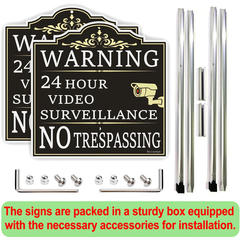 (2Pack) 36" 12 12 Inches 40Mil Large Video Surveillance Sign, No Trespassing Warning Sign, With Long Stake x Thick