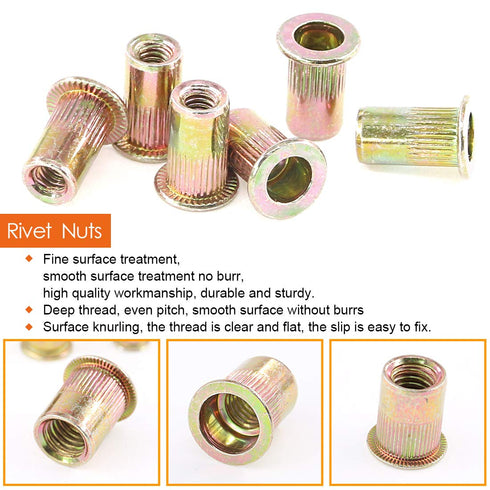 120-Pcs 5/32''-32UNC Mixed Zinc Plated Carbon Steel Rivet Nut Flat Head Insert Nutsert Assortment Kit