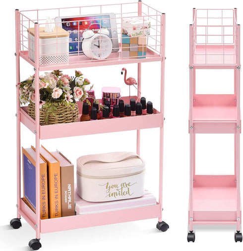 KINGRACK 3-Tier Rolling Utility Cart with Wheels, Metal Slim Storage Organizer for Kitchen, Office, Pink