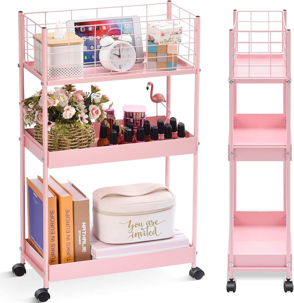 KINGRACK 3-Tier Rolling Utility Cart with Wheels, Metal Slim Storage Organizer for Kitchen, Office, Pink
