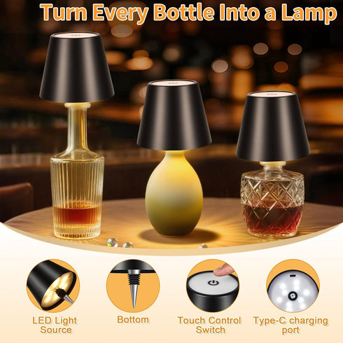 3 Dimmable, 5H 48H Rechargeable Wireless Bottle Lamp - Color Stepless Metallic Black Lampshade, Bright Light or Soft