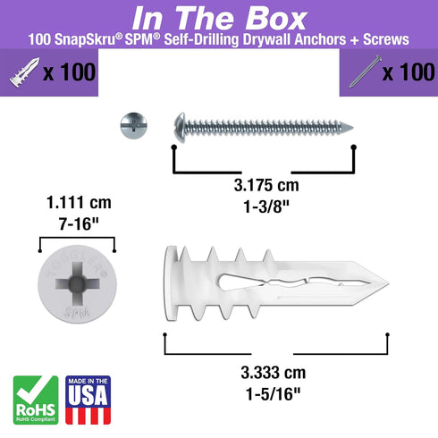 TOGGLER SnapSkru SPM Mini Self-Drilling Drywall Anchor, Pack of 100, Made in US, for #6 to #8 Fastener Sizes