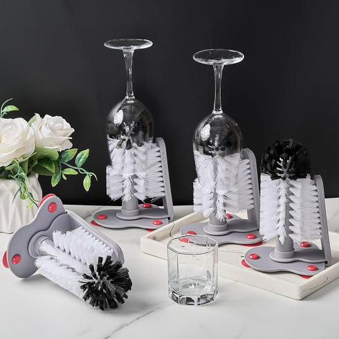 LemonRoad 4 Pack (7.48'') Cup Washer Double Bristle Brush with Suction Base Glass Cleaner for Kitchen Bar Sink Wine