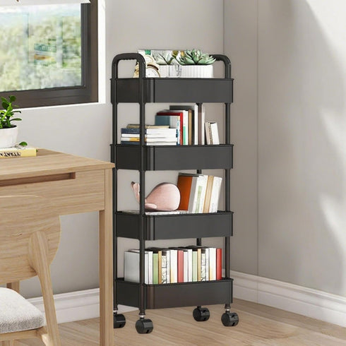 4 Tier Rolling Cart with Wheels, Black Kitchen Cart, Bathroom Carts with Handle, Bedroom Storage Carts, Plastic Storage
