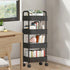4 Tier Rolling Cart with Wheels, Black Kitchen Cart, Bathroom Carts with Handle, Bedroom Storage Carts, Plastic Storage