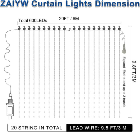 20ftx10ft 600 ZAIYW Dual Color Curtain Lights LED Christmas Curtain Lights with Remote Plug, Connectable Lights Curtain