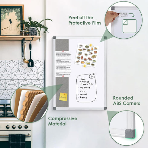 Magnetic White Board and Bulletin Cork Board Combination, 24 x 18 Inch Dry Erase Board Bulletin Combo Board for Home,
