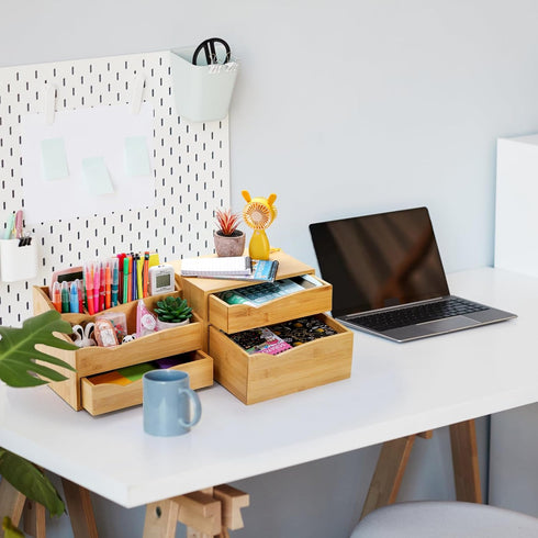 Yopay 2 Pack Bamboo Desk Organizer, Stackable with 3 Drawers, 100% Bamboo for Stationery, Makeup Vanity, Fully Assembled